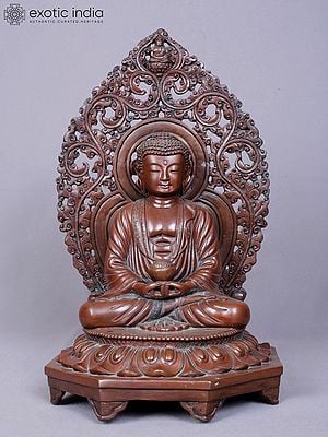 11" Amitabha Buddha Idol Seated on Throne | Copper Statue from Nepal