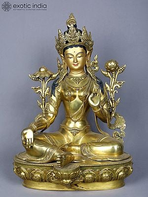 18" Tibetan Buddhist Goddess Green Tara | Copper Statue Gilded with Gold | From Nepal