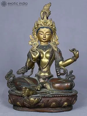 8" Tibetan Buddhist Deity Green Tara | Copper Statue Gilded with Gold | From Nepal