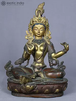 8" Buddhist Deity Green Tara Idol from Nepal | Copper Statue Gilded with Gold