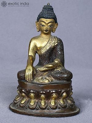 4" Small Earth-Touching Buddha Idol from Nepal | Copper Statue Gilded with Gold