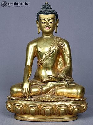 9" Sitting Shakyamuni Buddha Idol | Copper Statue Gilded with Gold from Nepal