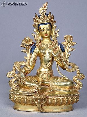 9" Buddhist Goddess Green Tara Gilded Copper Statue from Nepal