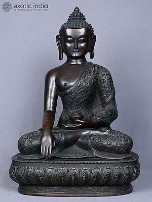16" Gautam Buddha in Earth-Touching Gesture Copper Statue from Nepal