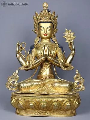 18" Tibetan Buddhist Deity Four Armed Avalokiteshvara | Copper Statue Gilded with Gold | From Nepal