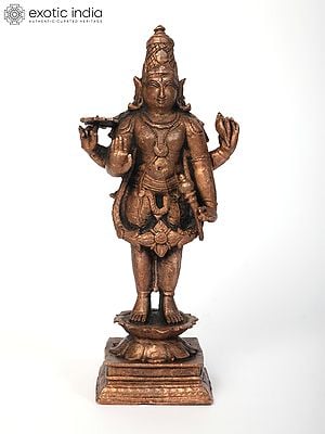 6" Small Standing Lord Vishnu in Blessing Gesture Copper Statue
