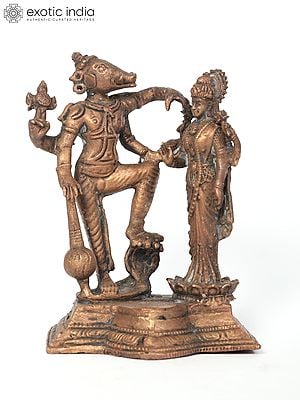 4" Small Standing Lord Varaha and Devi Lakshmi | Copper Statue