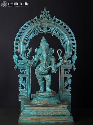24" Chaturbhuja Lord Ganesha with Kirtimukha Arch | Bronze Statue