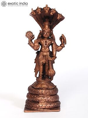 6" Standing Lord Vishnu Protected by Sheshnag | Copper Statue