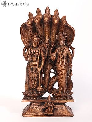 6" Small Standing Vishnu Lakshmi Copper Idol Protected by Sheshnag