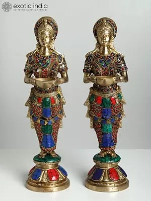 14" Pair of Deep Lakshmi Brass Statues with Inlay Work