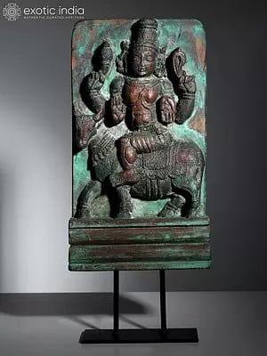 19" Wood Carved Hindu Deity on Iron Stand