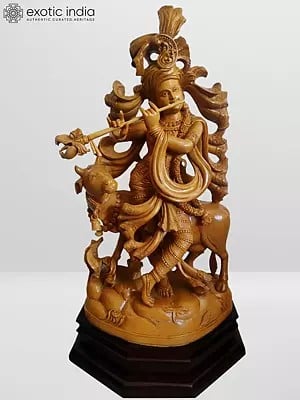 35" White Wood Krishna Statue with Cow