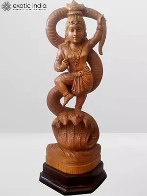 20" White Wood Statue of Kalyamardanam - Krishna Leela with Base