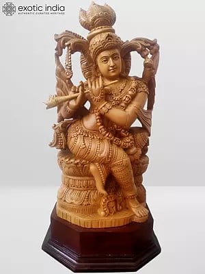 17" Wood Sculpture of Lord Krishna in Tribhanga Pose
