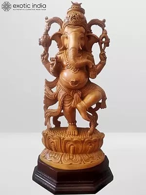 21" White Wood Dancing Ganesha Statue with Base