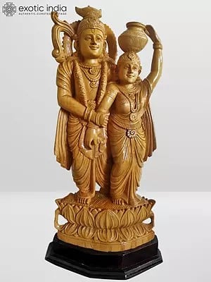 20" Beautiful White Wood Statue of Radha Krishna on Lotus