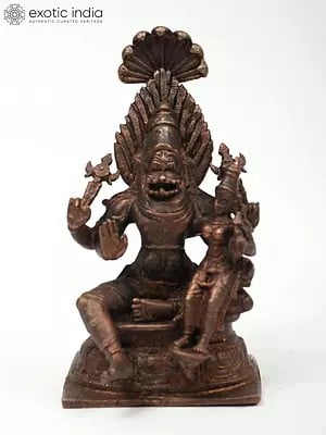 4" Small Sitting Lord Narasimha with Devi Lakshmi | Copper Statue