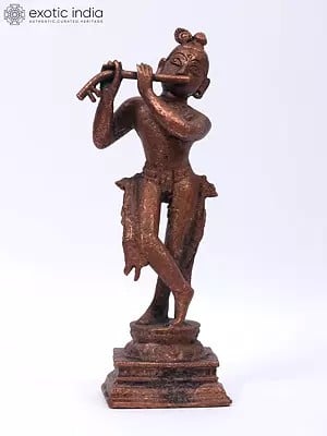 6" Small Bhagawan Krishna Playing Flute | Copper Statue