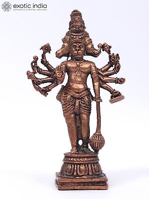4" Small Standing Ten Armed Panchamukhi Lord Hanuman | Copper Statue