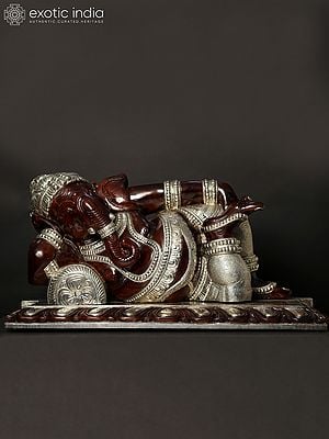 41" Large Relaxing Lord Ganesha Idol with Silver Finish | Wood Carved Statue