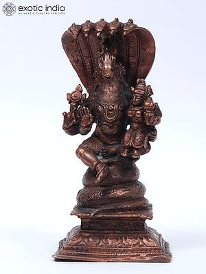 4" Small Lord Hayagreeva Seated Under The Sheshnag with Devi Lakshmi | Copper Statue