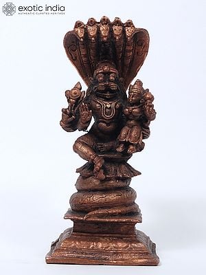 4" Small Lakshmi - Narasimha Seated Under The Sheshnag | Copper Statue