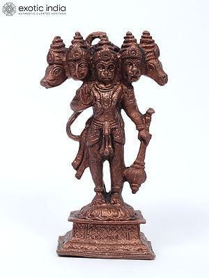4" Small Standing Panchamukhi Hanuman Copper Statue in Blessing Gesture