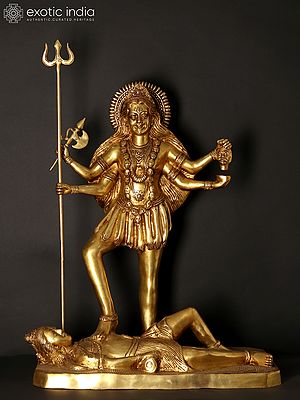 31" Large Goddess Kali Idol Standing on Lord Shiva | Brass Statue