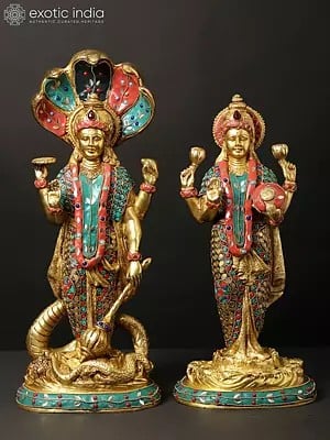 17" Standing Lakshmi Narayan (Vishnu Lakshmi) | Brass Statues with Inlay Work