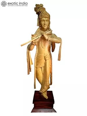 18" Standing Lord Krishna Wooden Statue