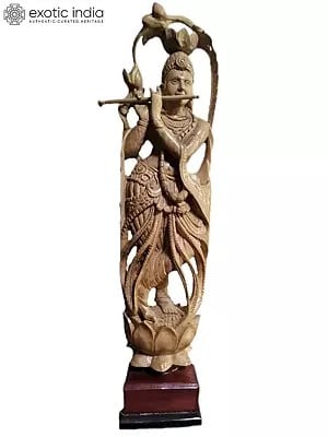 15" Lord Krishna Standing On Lotus | White Wood Statue