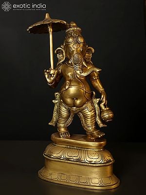 14" Lord Ganesha Idol with Umbrella | Brass Statue