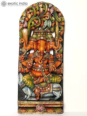 36" Large Three Headed Lord Ganesha Seated on Mushak | Wood Carved Statue
