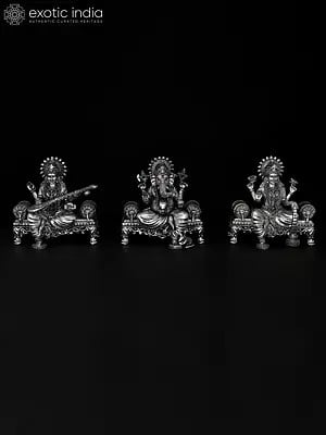 5" Superfine Lakshmi Ganesha Saraswati Idol Seated on Singhasan | Brass Statues