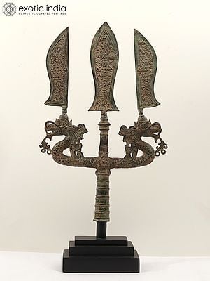 26" Brass Sculpture Trident with Three Swords and Two Dragons on Wooden Base