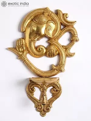 13" Blessing Ganesha in Aum (Om) with Lamp and Bell in Brass | Wall Hanging