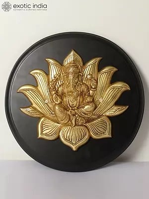 13" Lotus Ganesha in Brass | Wood Framed | Wall Hanging