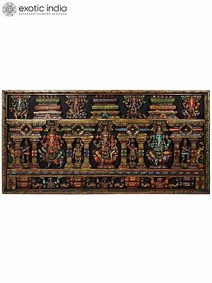72" Large Different Forms of Lord Ganesha with Siddhi-Ganapati at Center | Wood Carved Colorful Panel