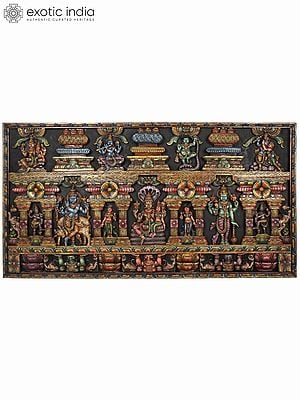 72" Large Lakshmi-Narayan with Different Forms of Lord Krishna | Wood Carved Colorful Panel