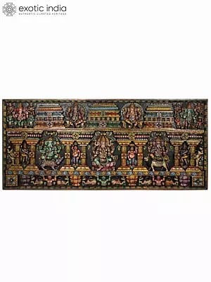 84" Super Large Lord Ganapati with His Different Froms | Wood Carved Colorful Panel