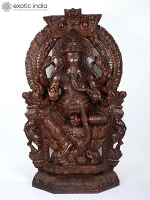 72" Large Ashtabhujadhari Lord Ganapati Seated on Kirtimukha Throne | Wood Carved Statue