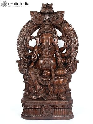 60" Lage Ten Armed Lord Ganesha Seated on Kirtimukha Throne | Wood Carved Statue