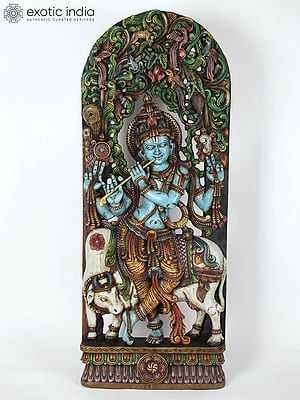 60" Large Standing Lord Krishna Playing Flute with Cow (Venugopal Krishna) | Wood Carved Colorful Statue