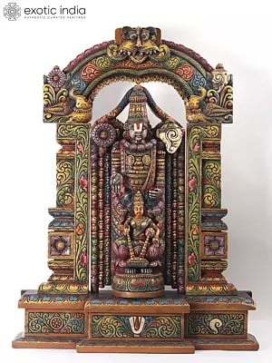 42" Tirupati Balaji (Venkateshvara) with Devi Lakshmi on Kirtimukha Throne | Wood Carved Colorful Statue