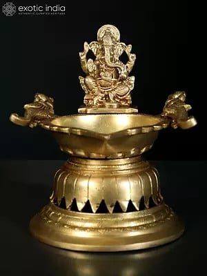 8" Designer Ganesha Lamp in Brass with Peacocks