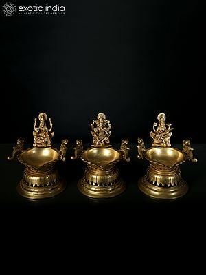 8" Brass Lakshmi Ganesha Saraswati Designer Lamp (Set of Three)