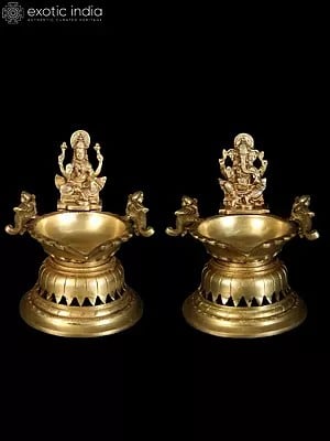 8" Pair of Lakshmi-Ganesha Lamps in Brass