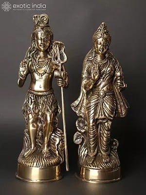 12" Standing Shiva Parvati Idol in Blessing Gesture | Set of Two Brass Statues