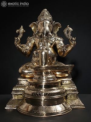 14" Lord Ganesha Worshipping Shivalinga | Brass Statue